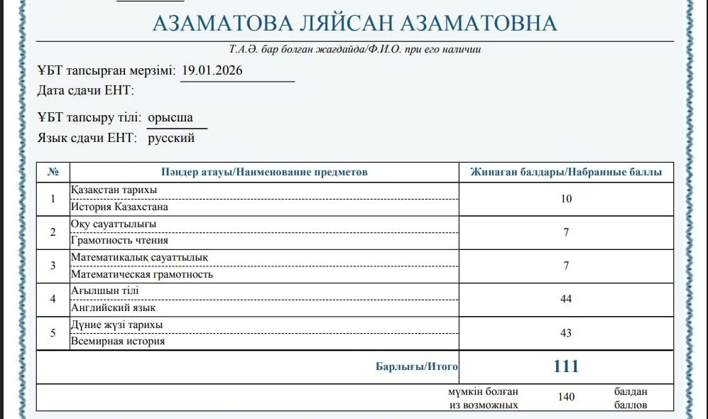Сертификат ЕНТ — Ляйсан А.