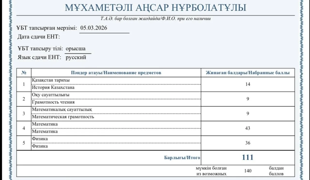 Сертификат ЕНТ — Аңсар М.