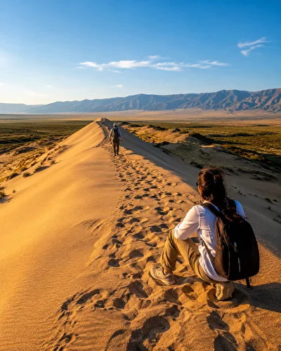 Climb to the ridge of the Singing Dune during a tour from Almaty