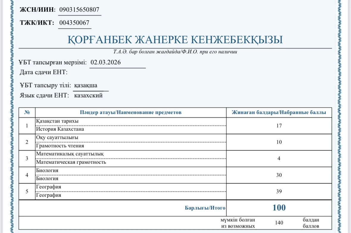 Сертификат ЕНТ — Жанерке Қ.