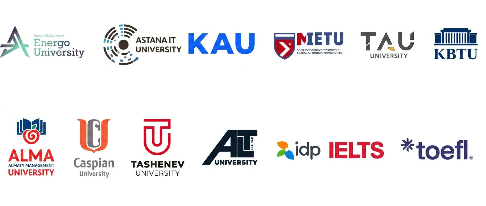 JOO School серіктес университеттері — KBTU, AITU, KAU, MIETU, TAU, AlmaU, Caspian, Tashenev, ALT, IDP, IELTS, TOEFL