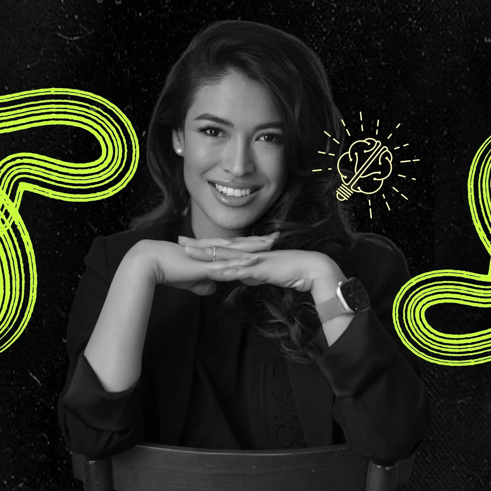Portrait of Arina Myassoyed with green graphic accents